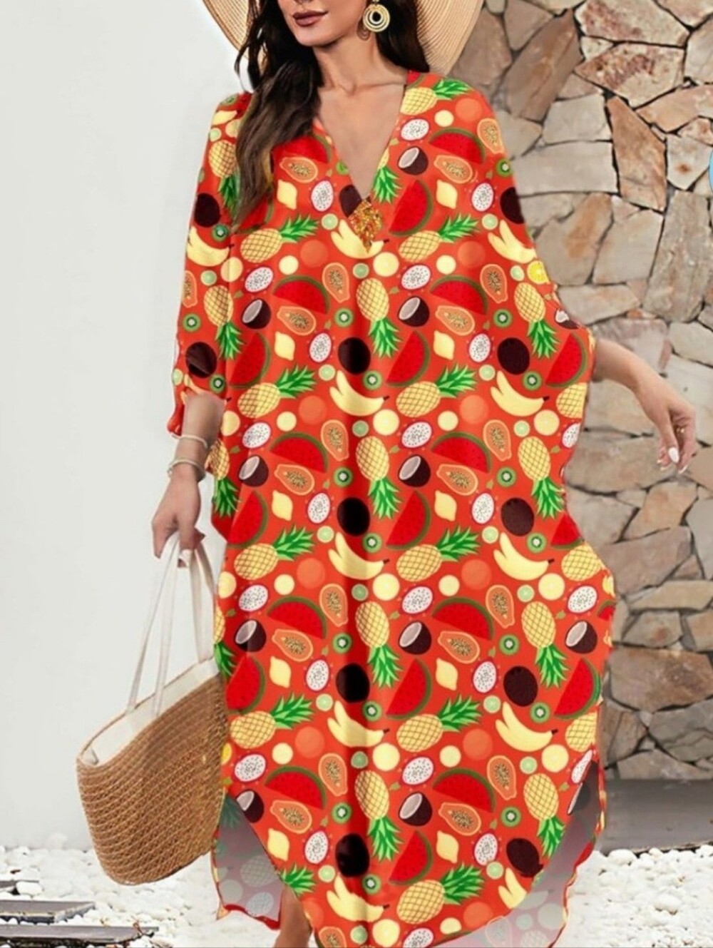 Tropical Fruit Print Swim Cover-Up Kaftan or Mrs.Roper MuuMuu w/accessories!